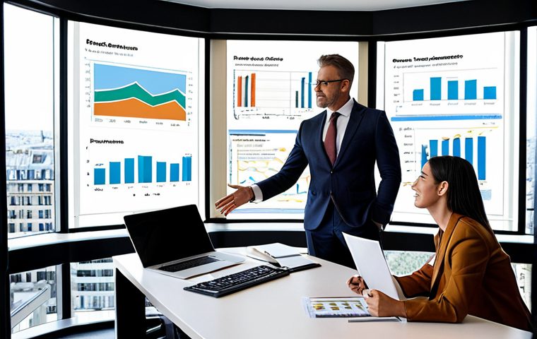 **
A diverse team of professionals (a financial advisor, a notary, an accountant, a private banker, and a real estate agent) are working together on a complex financial plan presented on a large screen. The setting is a modern, brightly lit office in Paris. The overall tone is collaborative and professional, reflecting the synergy and shared vision needed for successful wealth management. Focus on conveying trust and expertise.
**