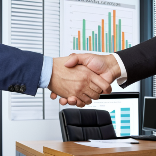 Home 6 **A confident financial advisor shaking hands with a client in a modern office. The advisor is holding a CGP certificate, subtly displayed. The background features a stock market graph and luxury real estate imagery, conveying wealth management.**