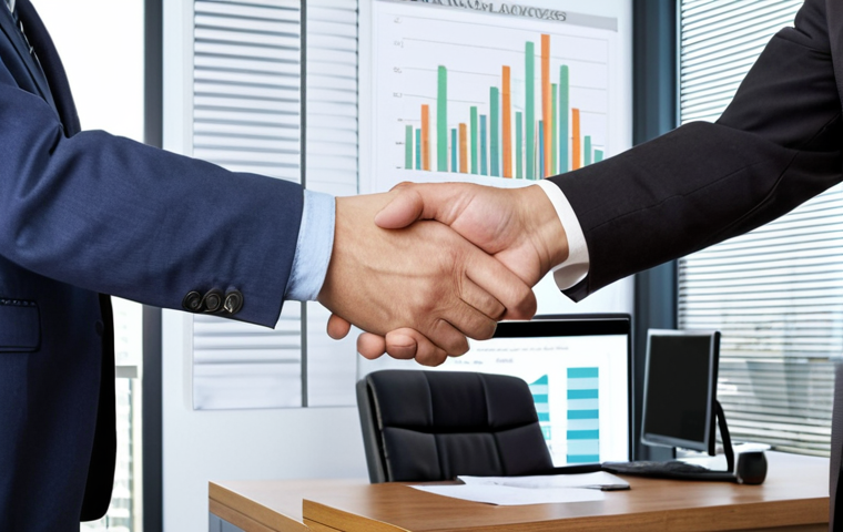 **A confident financial advisor shaking hands with a client in a modern office. The advisor is holding a CGP certificate, subtly displayed. The background features a stock market graph and luxury real estate imagery, conveying wealth management.**