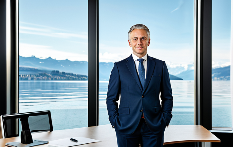 Swiss Private Banker**

"A professional financial advisor, fully clothed in a sharp, modern business suit, standing confidently in a luxurious office overlooking Lake Geneva, Switzerland. The office features clean lines, modern art, and a panoramic view. Appropriate attire, safe for work, perfect anatomy, natural pose, professional photography, high quality."

**