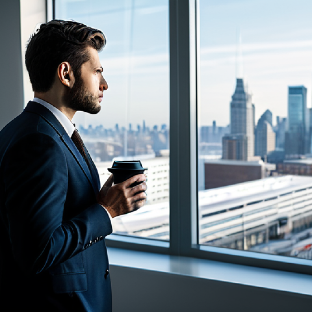 자산관리사 이직 성공 사례 - Career Crossroads**

A person thoughtfully gazing out of a window in a modern, bright office, fully ...