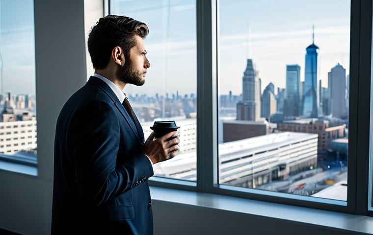 자산관리사 이직 성공 사례 - Career Crossroads**

A person thoughtfully gazing out of a window in a modern, bright office, fully ...