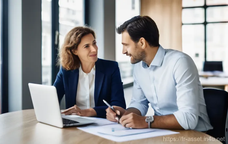 자산관리사와 회계사의 협업 사례 - **Prompt:** A professional and reassuring image set in a modern, brightly lit office in a French cit...