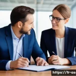 자산관리사 고객 유치 성공 사례 - "A male financial advisor, appearing in his early 40s, dressed in a tailored navy blue business suit...