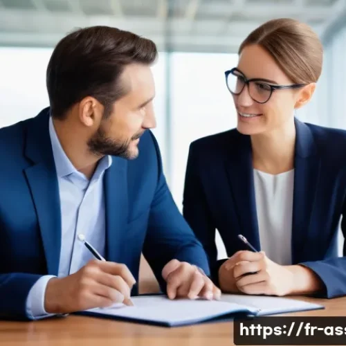 자산관리사 고객 유치 성공 사례 - "A male financial advisor, appearing in his early 40s, dressed in a tailored navy blue business suit...