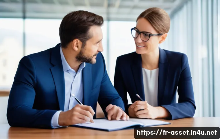자산관리사 고객 유치 성공 사례 - "A male financial advisor, appearing in his early 40s, dressed in a tailored navy blue business suit...