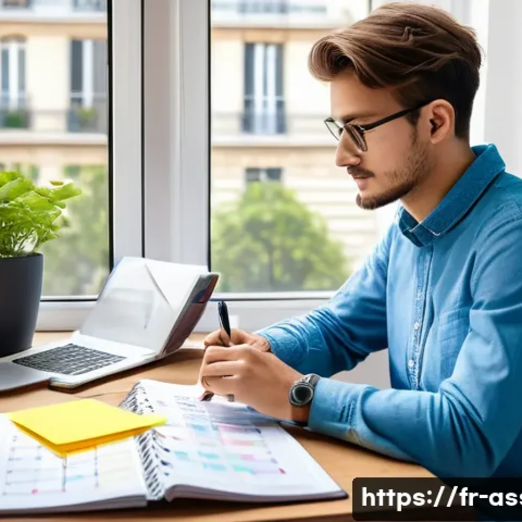자산관리사 필기 시험 고득점 비결 - A focused French student sitting at a tidy study desk in a bright, quiet room with a large window sh...
