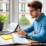 자산관리사 필기 시험 고득점 비결 - A focused French student sitting at a tidy study desk in a bright, quiet room with a large window sh...