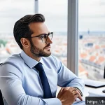 Home 21 자산관리사 시험과 금융 관련 자격증 비교 - A professional French financial advisor in a modern office setting, wearing business attire with a s...