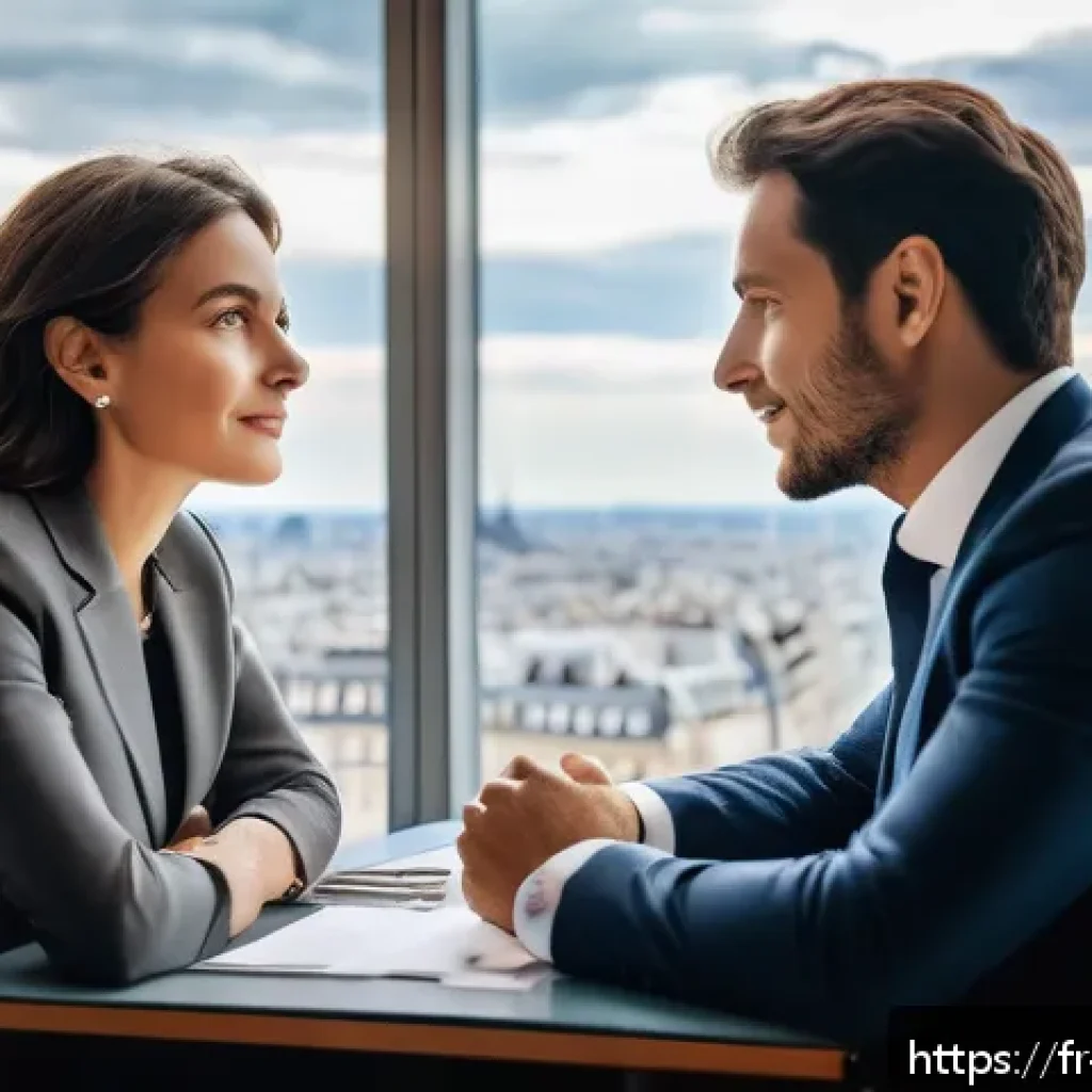 자산관리사 고객 포트폴리오 작성 팁 - A professional financial advisor in a modern Parisian office, attentively listening to a diverse Fre...