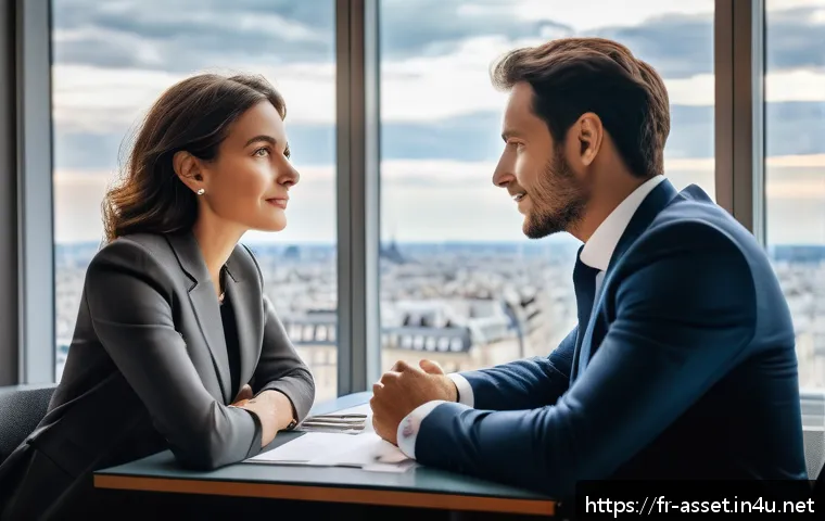 자산관리사 고객 포트폴리오 작성 팁 - A professional financial advisor in a modern Parisian office, attentively listening to a diverse Fre...